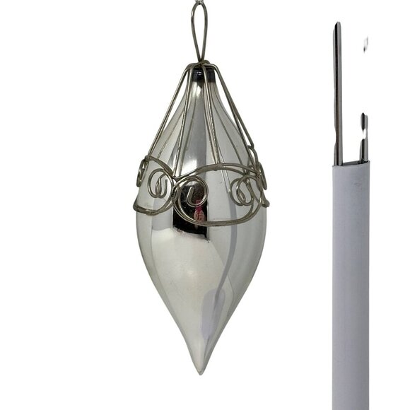 Vintage Silver Blown Glass Teardrop Christmas Ornament Wire Cage Mercury Finish - Picture 11 of 16